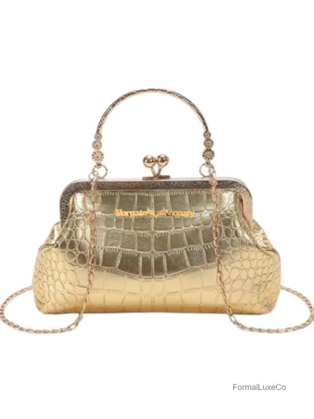 Gold Evening Clutch Bag, PU Leather, Chain Handle, Party Purse